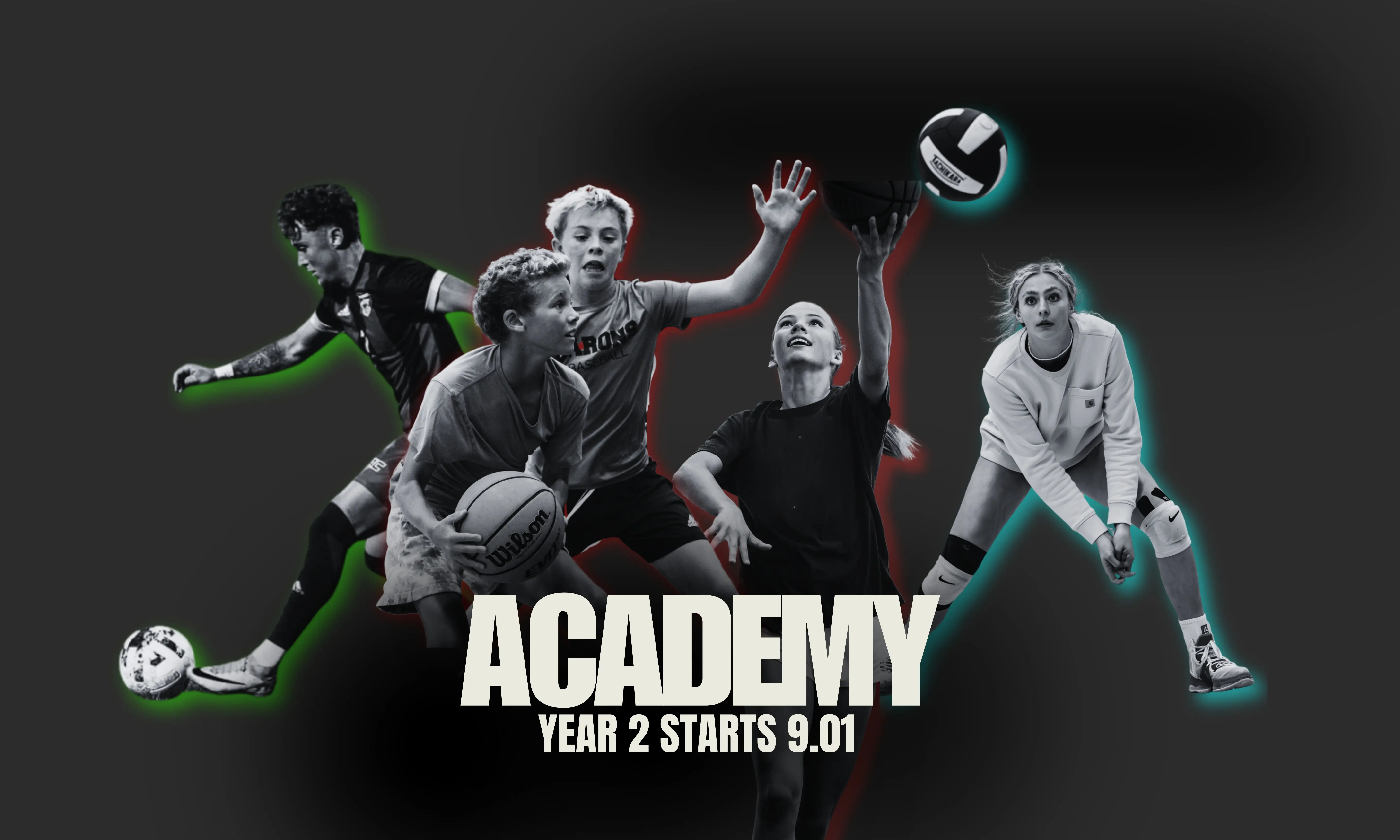 TZ Academy athletes — soccer, basketball, baseball, and volleyball players in action with sport-color glow effects. Tagline: Academy Year 2 Starts 9.01.